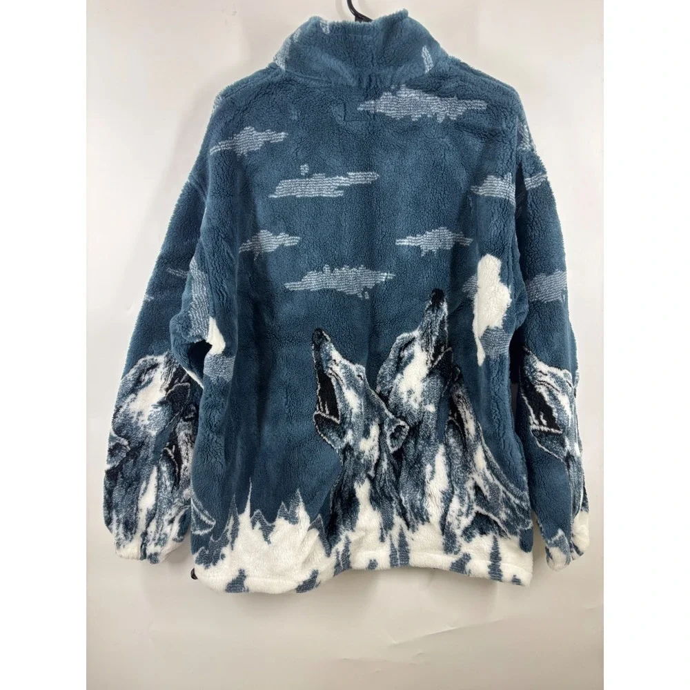Big Chill Vintage Wolf Fleece Jacket Mens XL Blue Sherpa Full Zip Made in USA‎